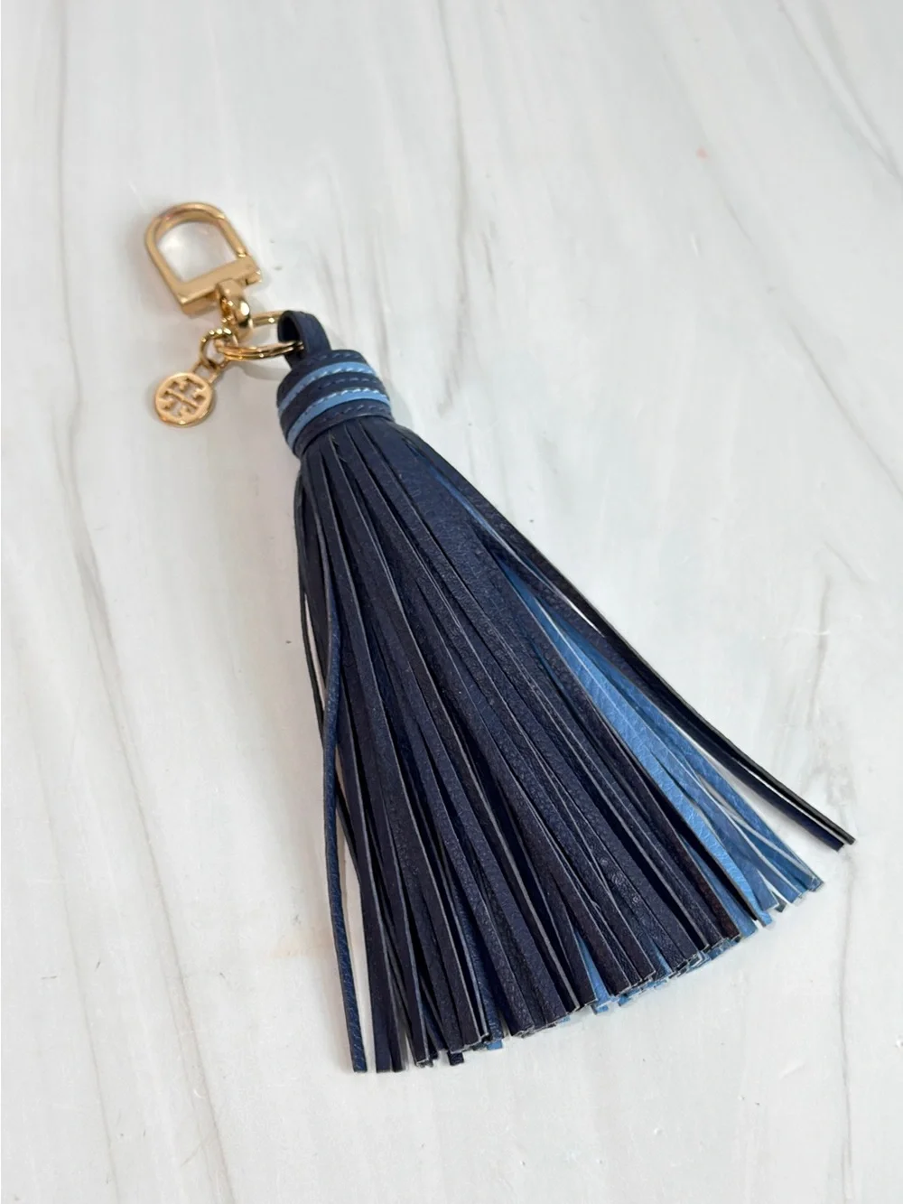 TORY BURCH LEATHER TWO TONE BLUE LIGHT BLUE KEY FOB PURSE CHARM TASSEL